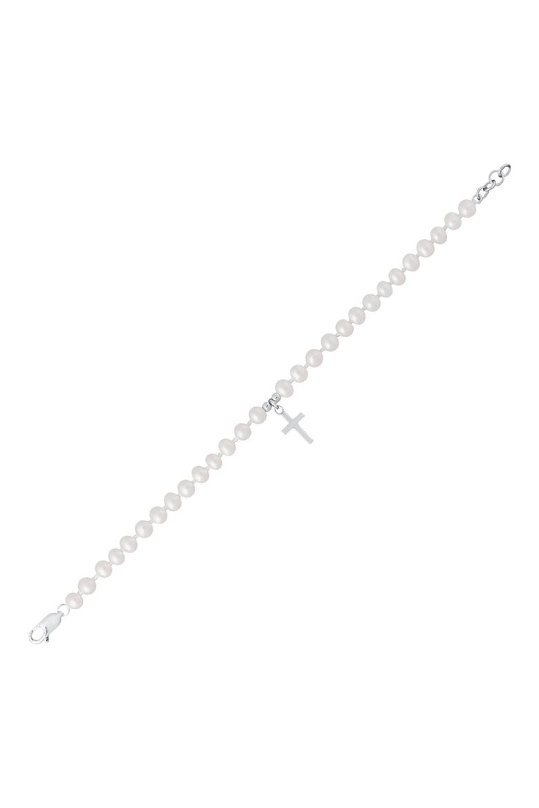 Kids' Cross Charm Cultured Pearl Bracelet, Main, color, PEARL