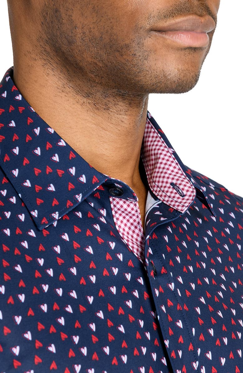 CONSTRUCT Slim Fit Mini Hearts Recycled 4-Way Stretch Performance Long Sleeve Shirt, Alternate, color, Navy/Red