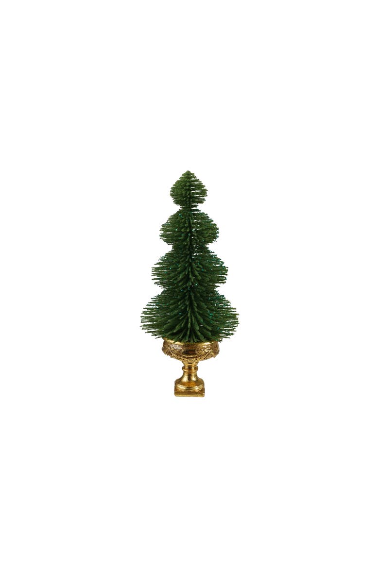 Glittered PVC Bottle Brush Tree in Resin Urn, Green & Gold, Main, color, Gold and Green
