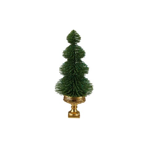 Glittered PVC Bottle Brush Tree in Resin Urn, Green & Gold