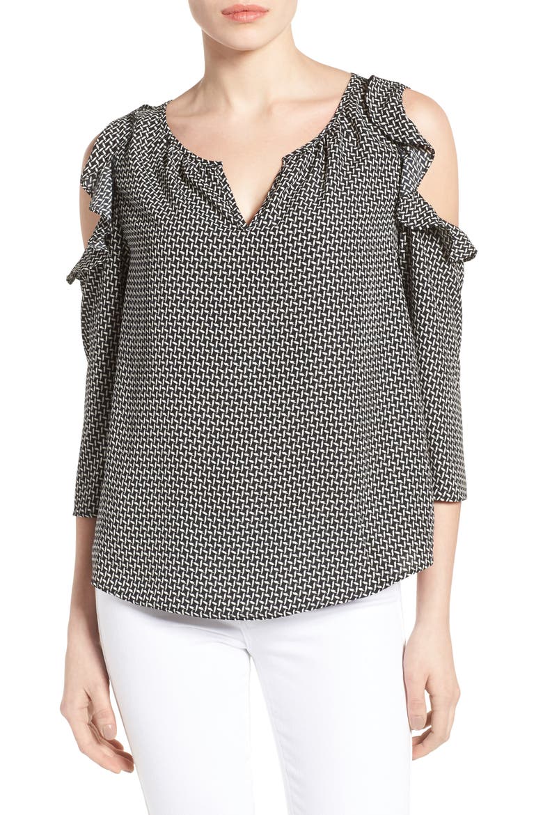Gibson Ruffled Cold Shoulder Blouse, Main, color, BLACK/ NATURAL PRINT