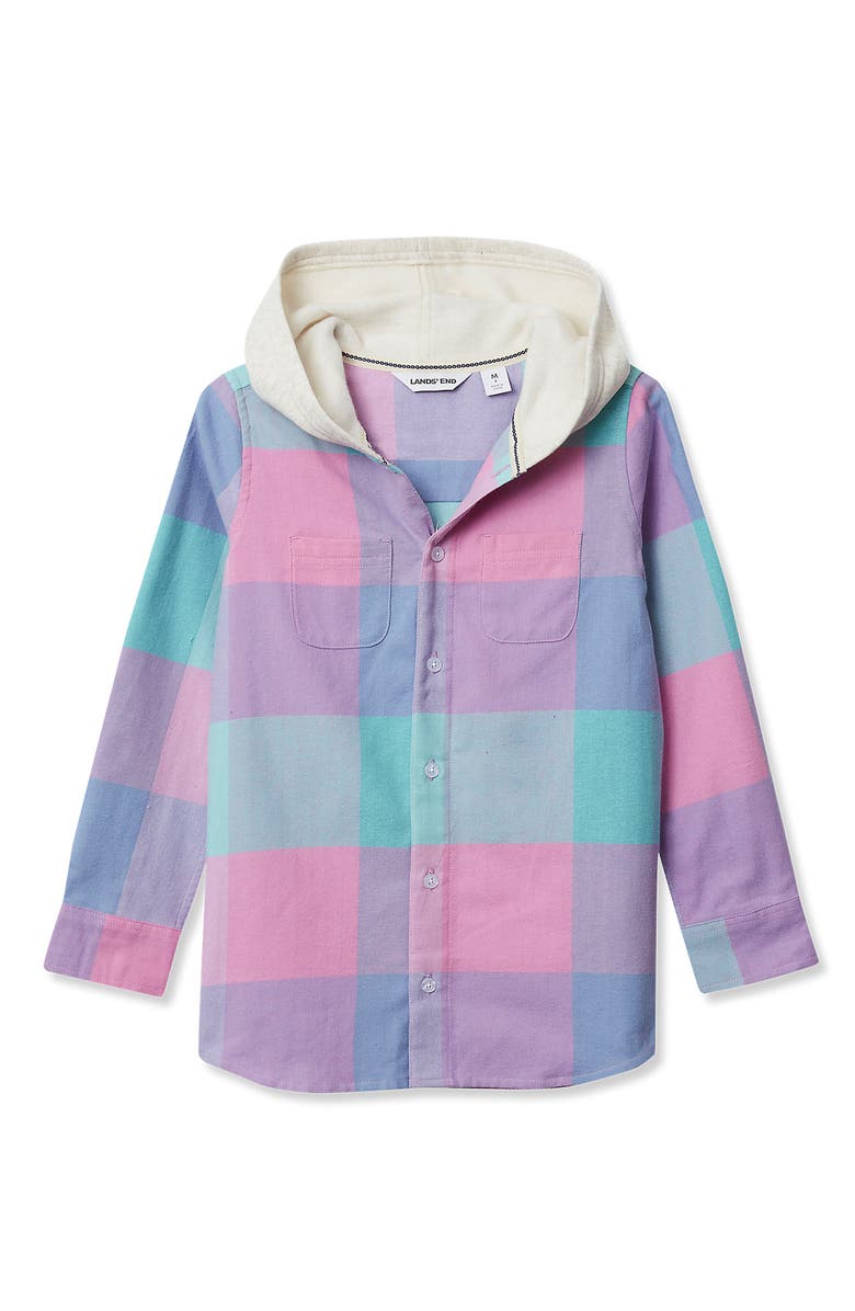 Lands' End Kids Long Sleeve Hoodie Flannel Shirt, Main, color, Aqua Ice/Oatmeal Plaid