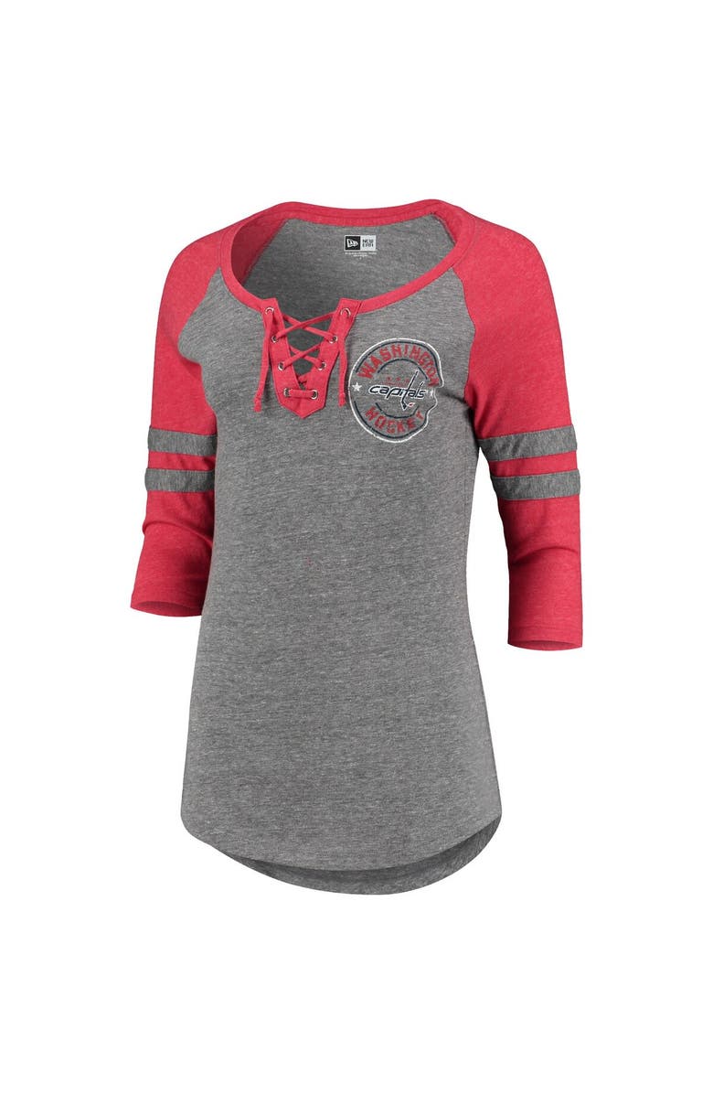 5TH AND OCEAN BY NEW ERA Women's 5th & Ocean by New Era Heathered Gray Washington Capitals Lace Stripes Raglan Half-Sleeve Tri-Blend T-Shirt, Alternate, color, 