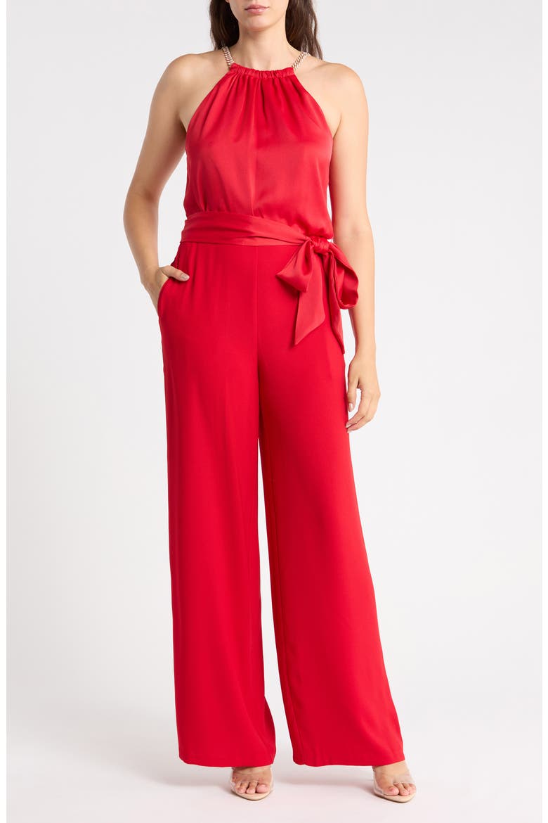 Chain Necklace Satin Jumpsuit, Main, color, RED