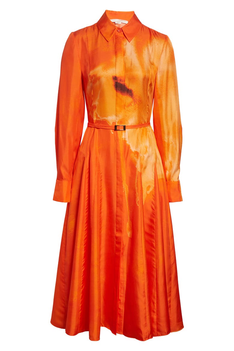 Watercolor Floral Print Pleated Long Sleeve Silk Twill Shirtdress, Alternate, color, PAPAYA CHALK MULTI