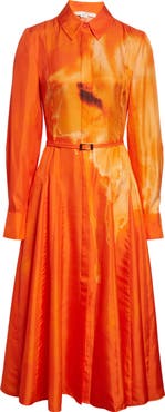 Jason Wu Collection Watercolor Floral Print Pleated Long Sleeve Silk Twill Shirtdress