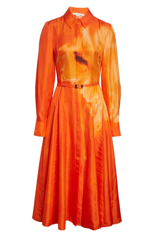 Jason Wu Collection Watercolor Floral Print Pleated Long Sleeve Silk Twill Shirtdress In Orange