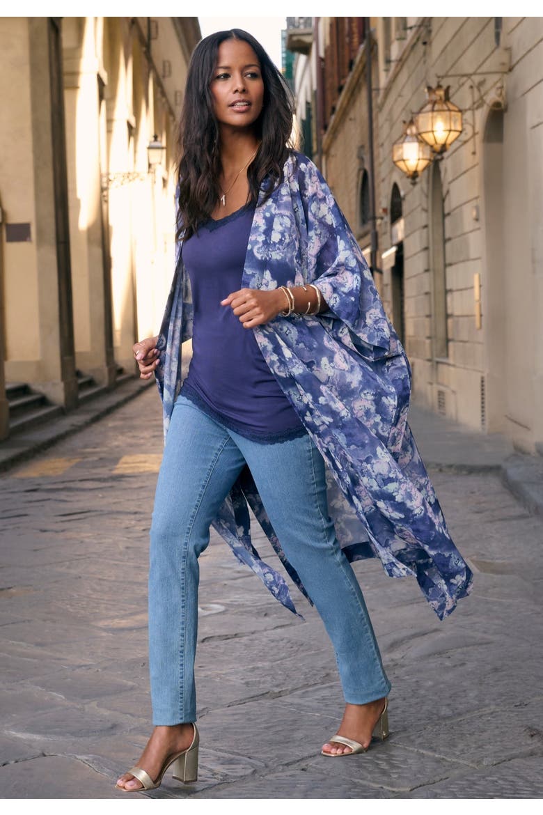 Plus Size Flowy Chiffon Duster, Alternate, color, NAVY SPRAY FLORAL