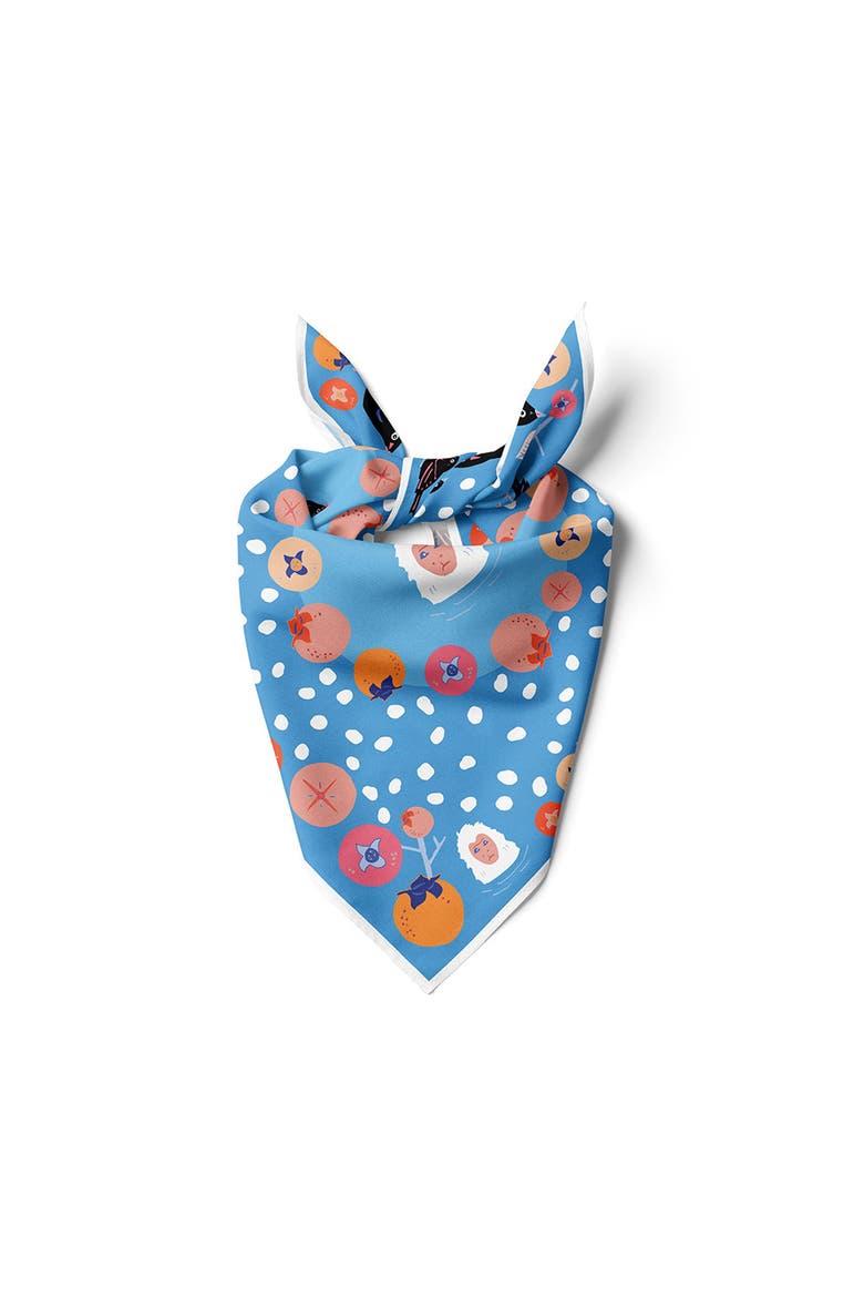 Snow Monkey and Persimmons Cotton Silk Bandana, Alternate, color, Blue
