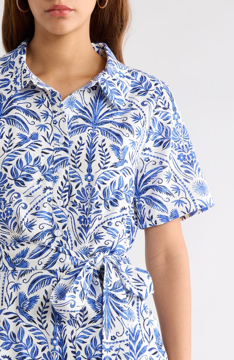 SUGARLIPS Romina Tropical Soria Belted Romper, Alternate, color, White Blue-Multi