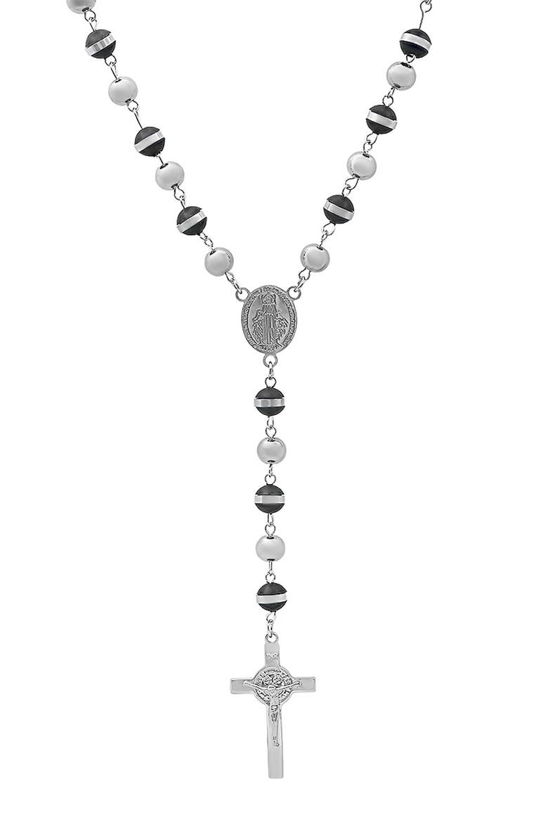 Mixed Material Rosary Necklace, Main, color, SILVER/ BLACK