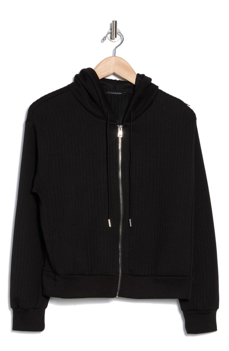 T Tahari Rib Knit Zip Hoodie, Alternate, color, Black