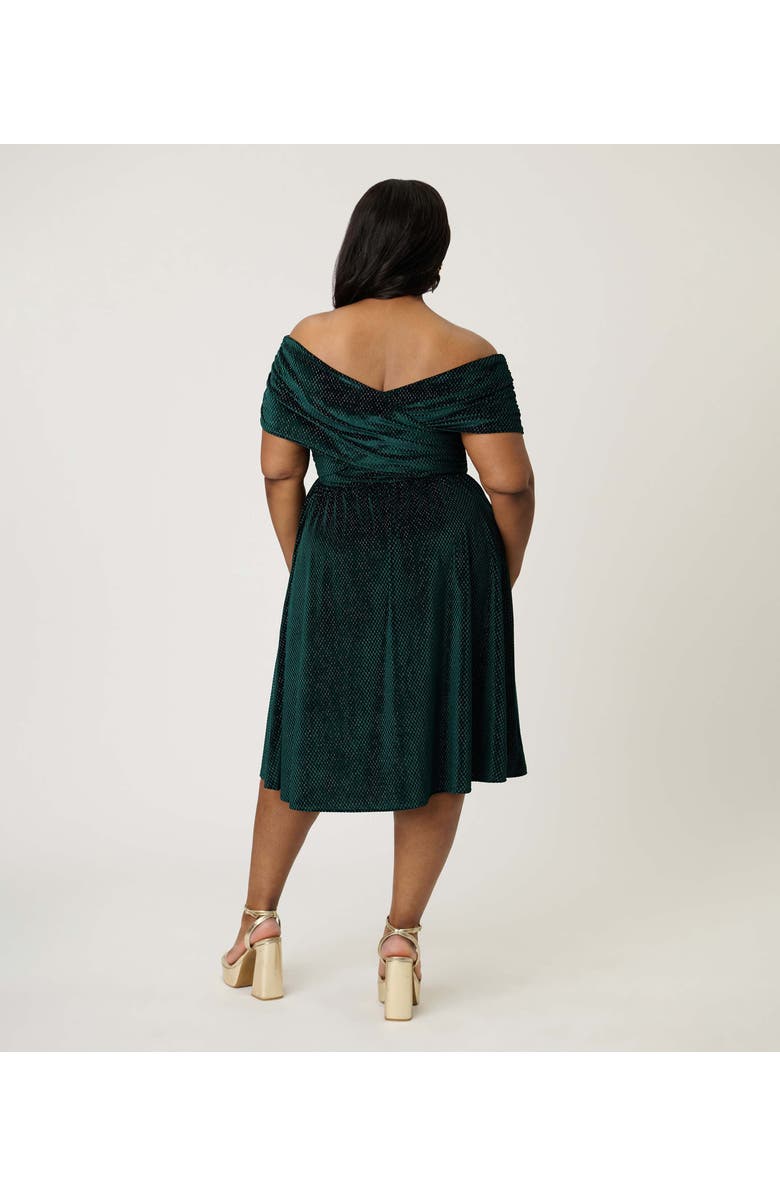 Unique Vintage Plus Size Shirred Off Shoulder Swing Dress, Alternate, color, Emerald