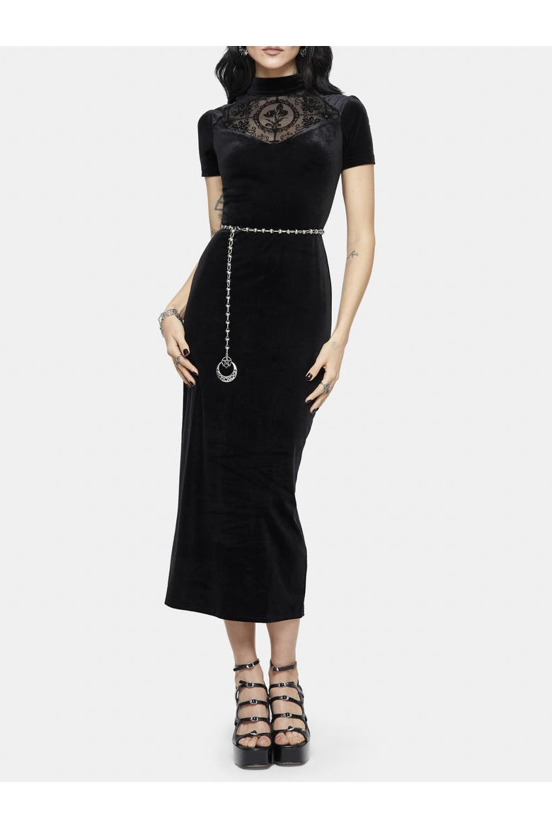 Cameo Flocked Mesh Insert Midi Dress, Alternate, color, Black