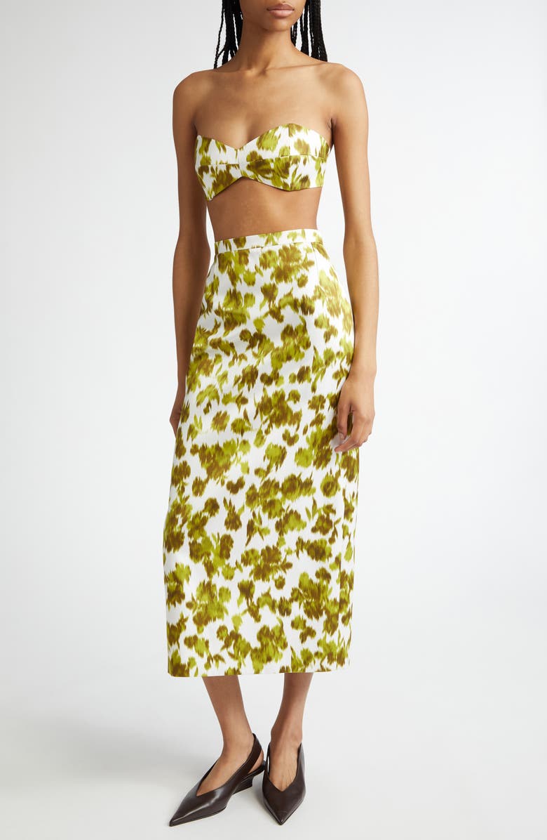 Michael Kors Collection Blurred Floral Print Duchesse Satin Pencil Skirt, Alternate, color, Moss/ Optic White