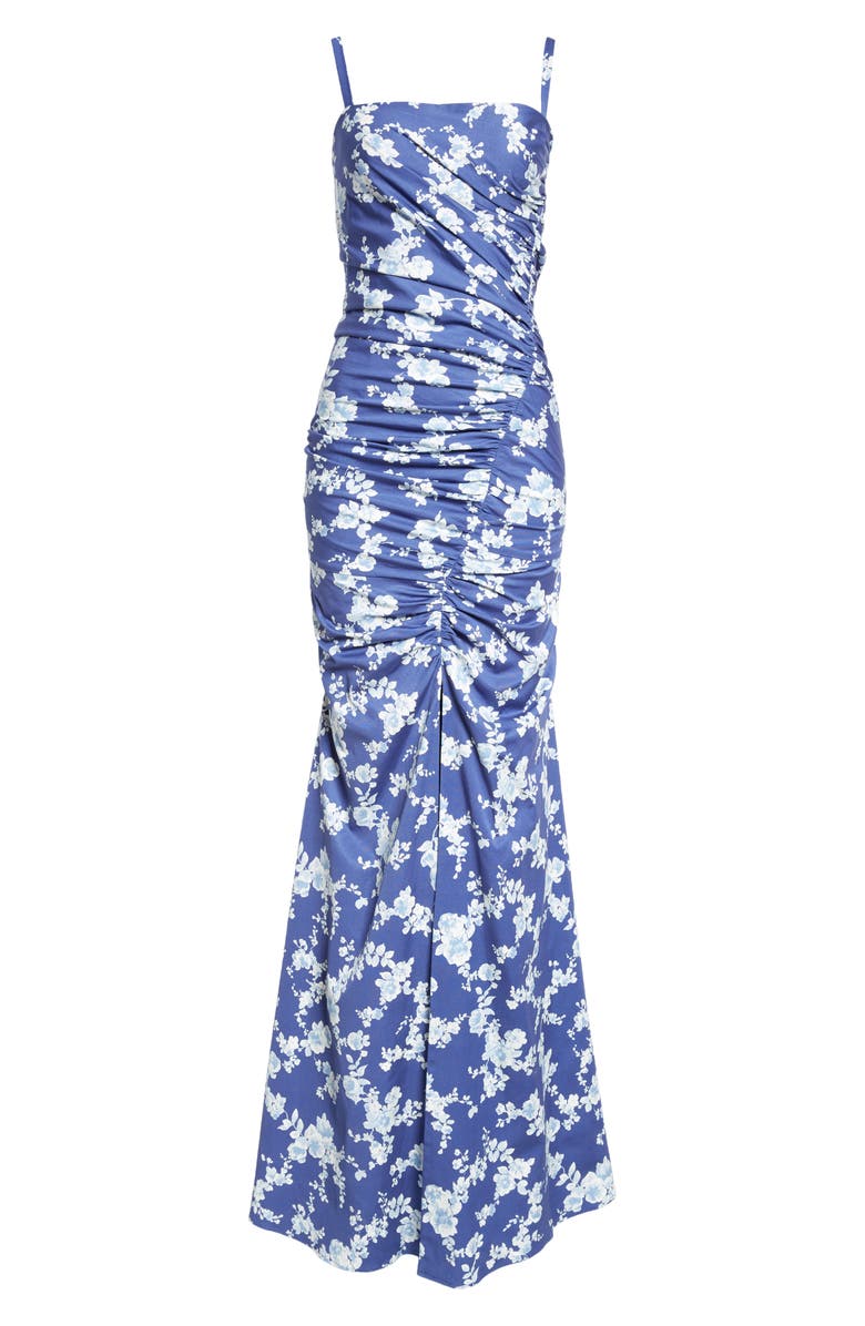 Carolina Herrera Floral Print Ruched Faille Gown, Alternate, color, Nautilus Multi