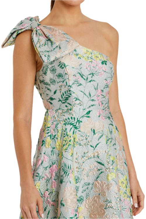 Shop Mac Duggal One Shoulder Brocade Gown With Bow Detail In Pastel Multi