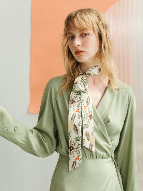 Lost Pattern Nyc "forest Charm" Silk Skinny Scarf In Neutral