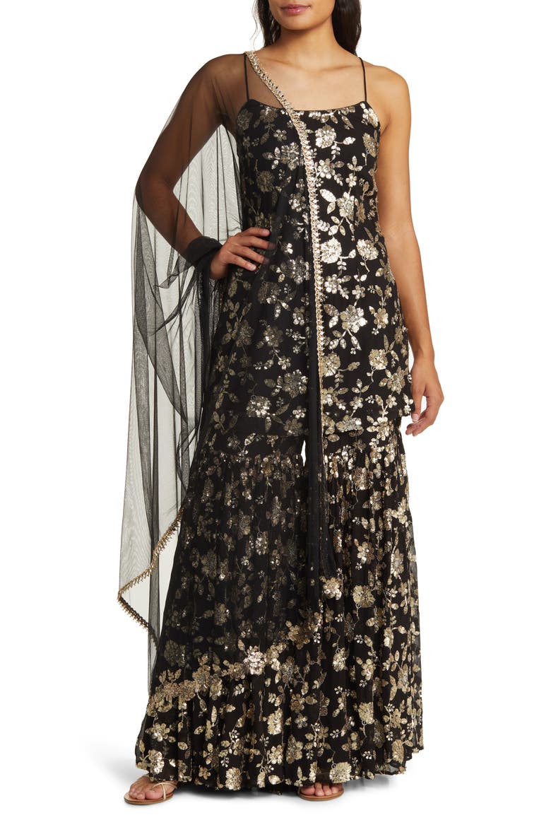 Naya Floral Sequin Long Sleeve Gharara with Dupatta, Main, color, BLACK