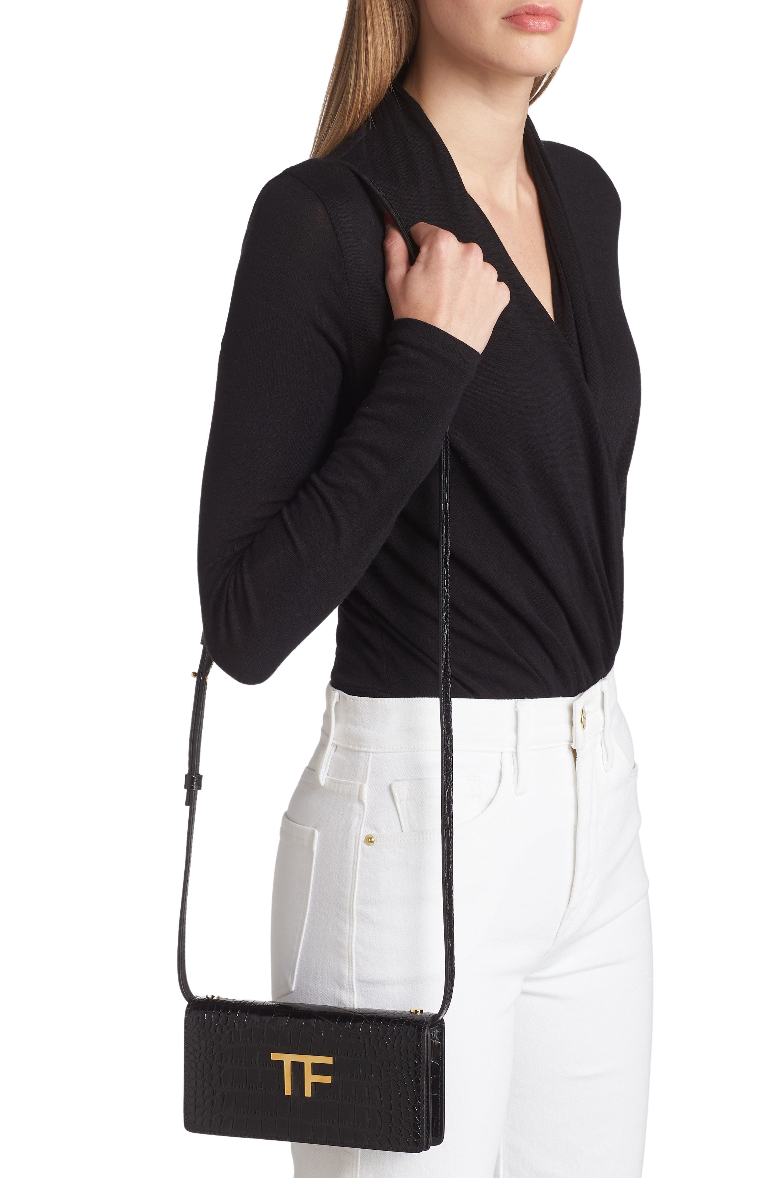 TOM FORD Mini Croc Embossed Leather Crossbody Bag, Alternate, color, 