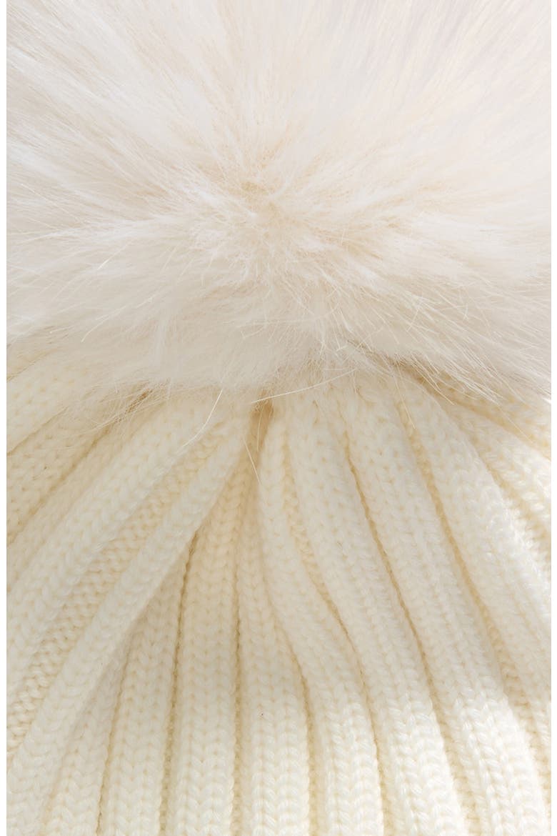 Virgin Wool Rib Beanie with Faux Fur Pompom, Alternate, color, NATURAL