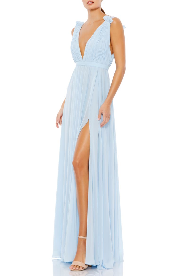 Women's Sleeveless Pleated Chiffon V-Neck Gown, Main, color, POWDER BLUE