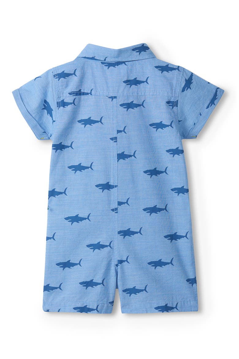 Shark Print Cotton Polo Romper, Alternate, color, BLUE