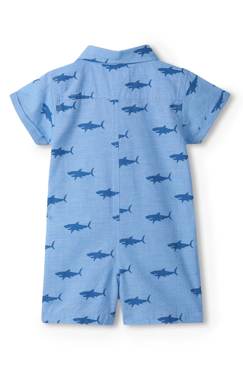 Hatley Shark Print Cotton Polo Romper, Alternate, color, Blue
