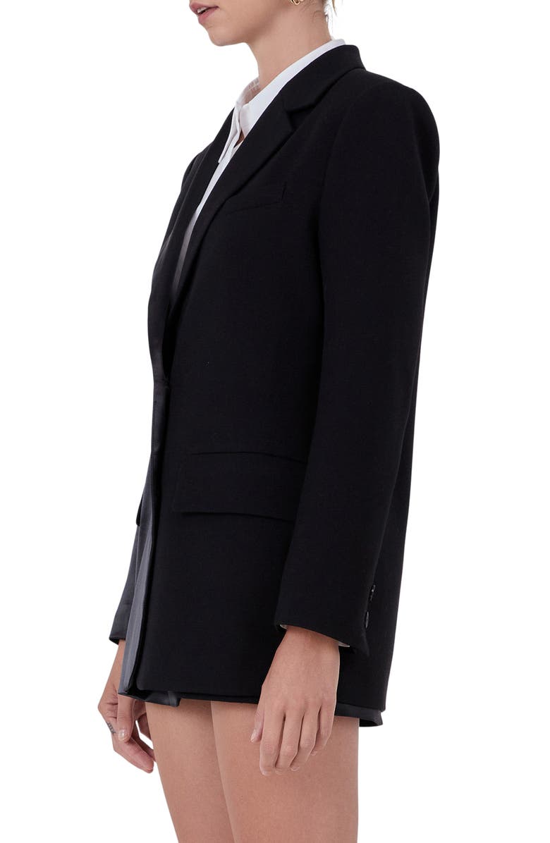 Endless Rose Mixed Media Satin Suit Blazer, Alternate, color, Black