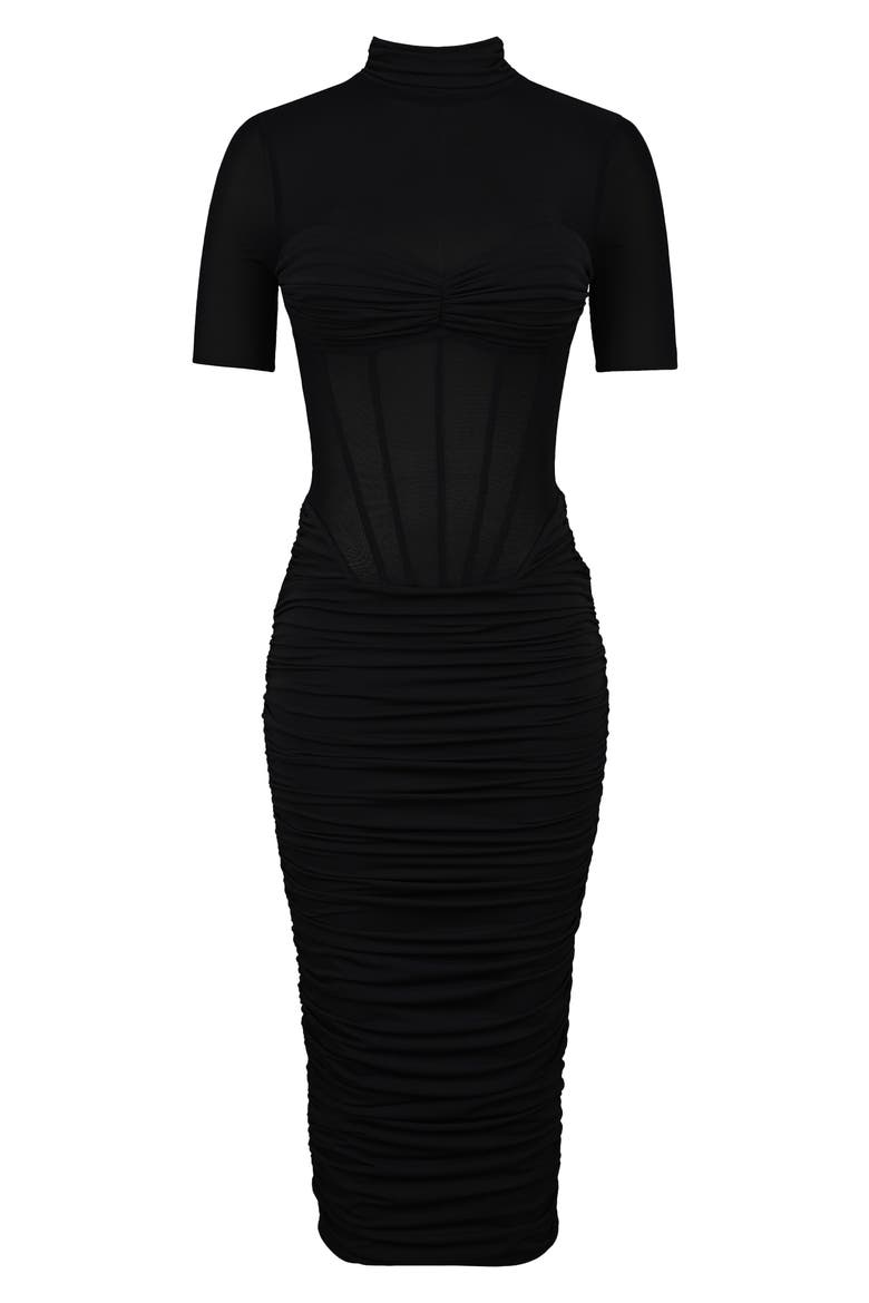 Sorrel Corset Stretch Mesh Midi Dress, Alternate, color, BLACK