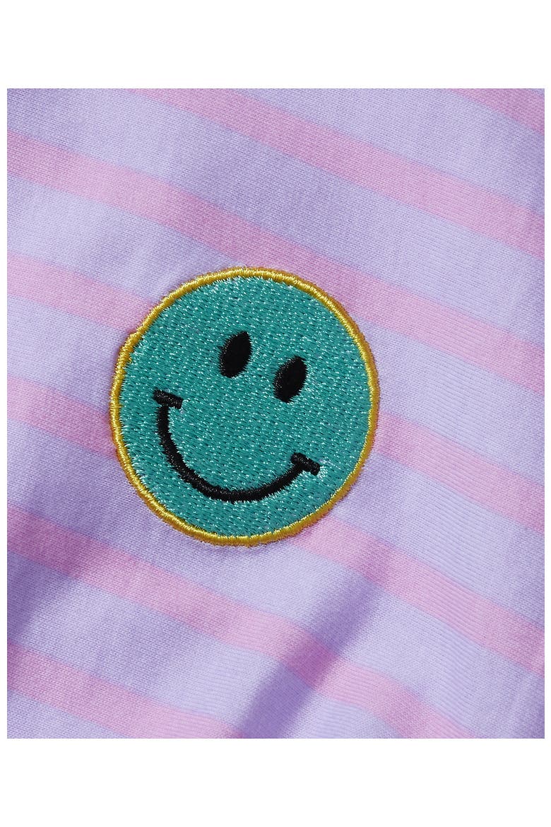 Girls Short Sleeve Gathered Waist Tunic Top, Alternate, color, Purple Stripe Smiley Face