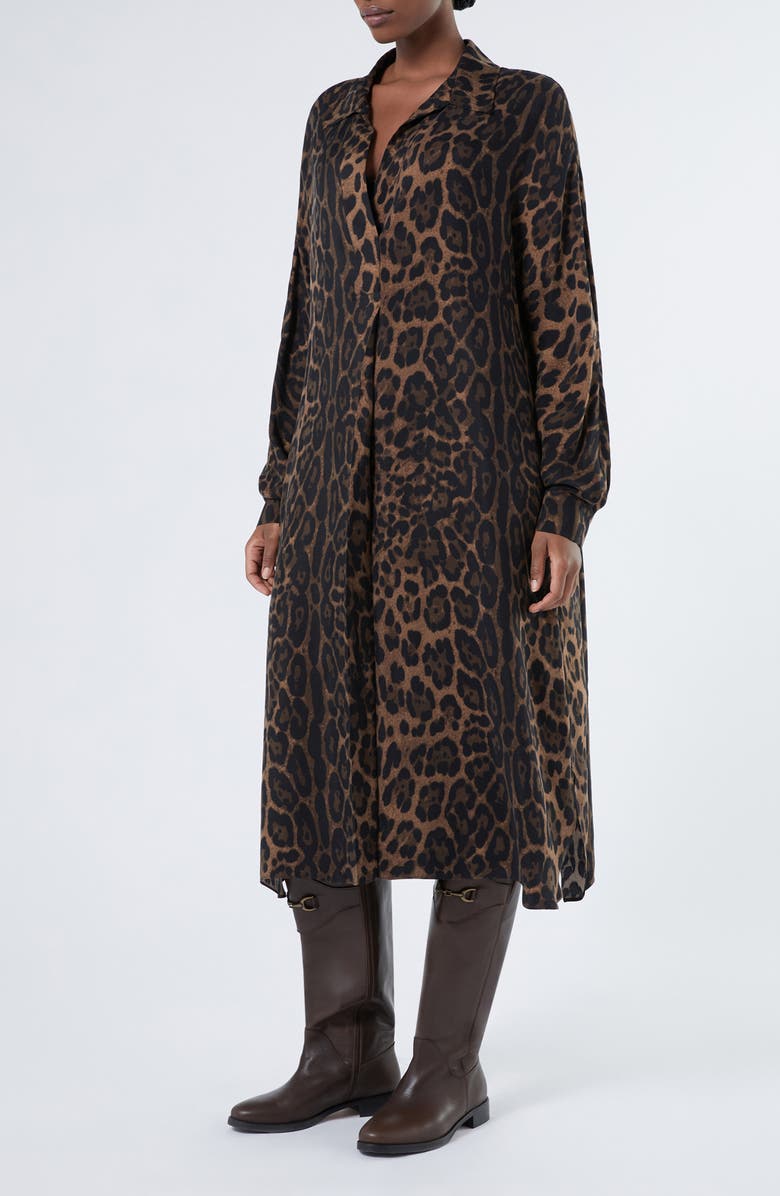 Marina Rinaldi Falasco Leopard Print Long Sleeve Shirtdress, Main, color, Black
