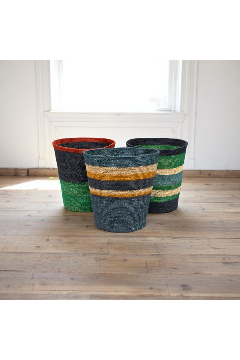 Striped Seagrass Waste Paper Basket, Alternate, color, Midnight, Beryl Green
