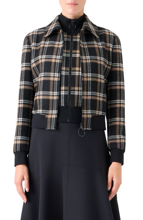 Plaid Tricotine Tweed Bomber Jacket