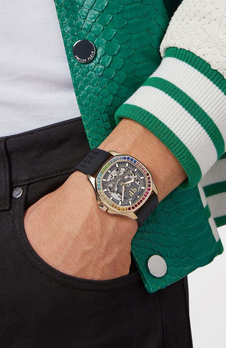 PHILIPP PLEIN Skeleton Spectre Silicone Strap Watch, 42mm, Alternate, color, Ip Yellow Gold