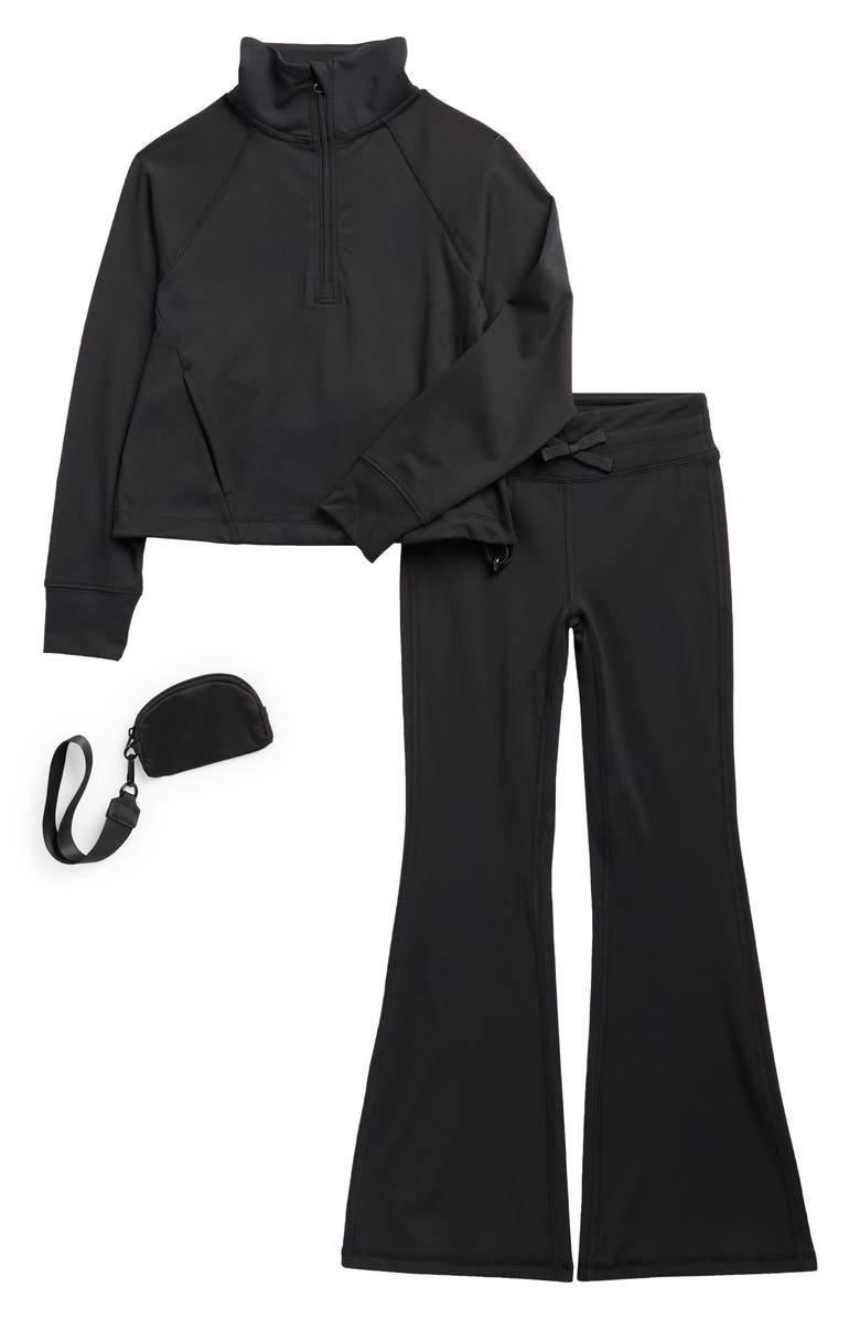 90 DEGREE BY REFLEX Kids' Half Zip Pullover, Flare Pants & Wristlet Set, Main, color, Black
