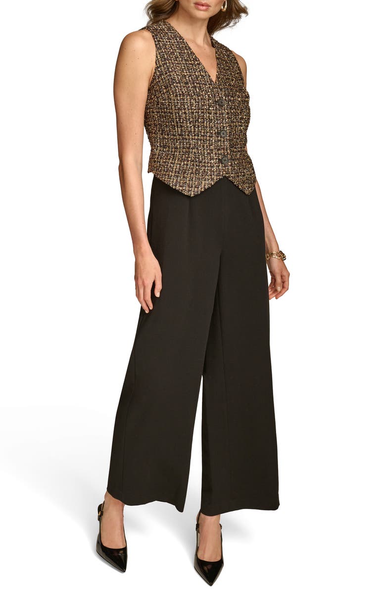 Donna Karan New York Metallic Tweed & Cady Crepe Button Front Wide Leg Jumpsuit, Alternate, color, 