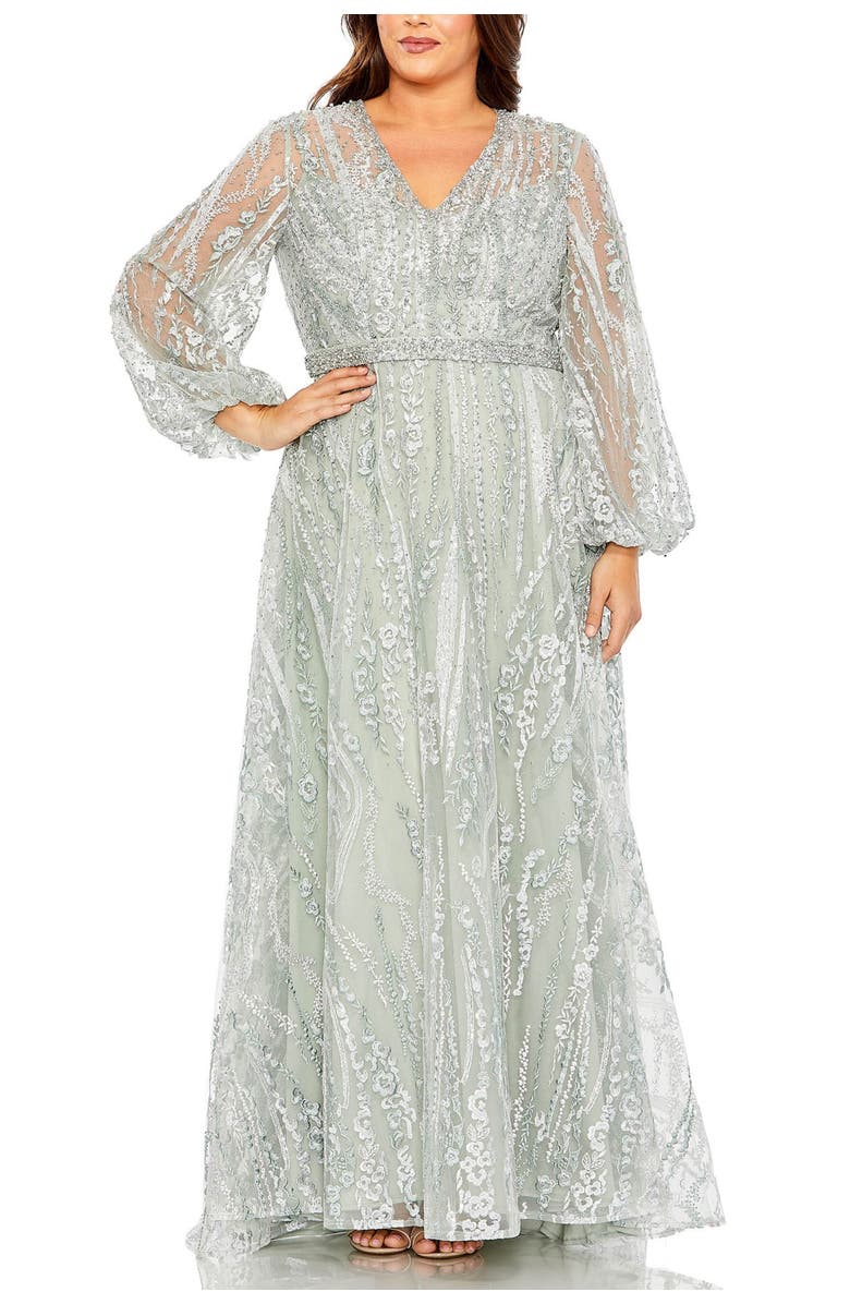 Mac Duggal V Neck Puff Sleeve Embroidered A Line Gown, Main, color, Seamist