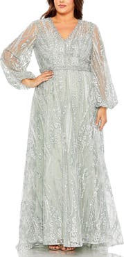 Mac Duggal V Neck Puff Sleeve Embroidered A Line Gown