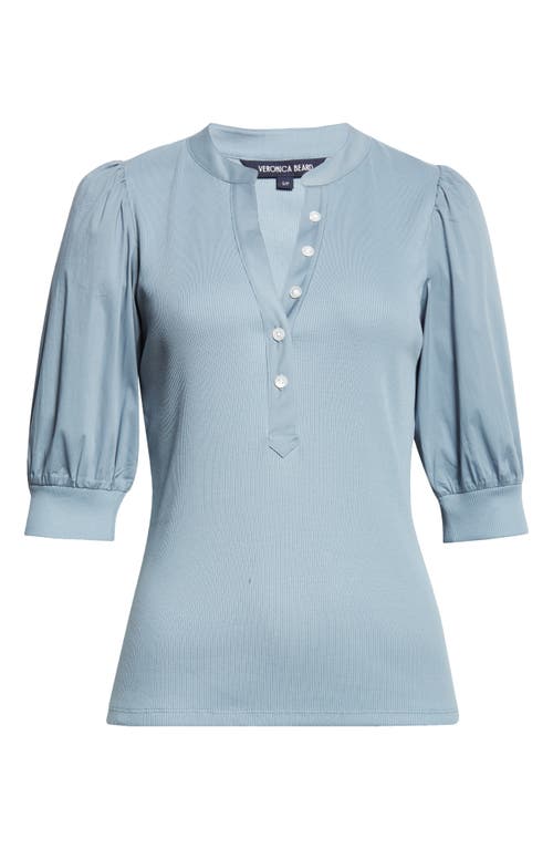 Veronica Beard Coralee Puff Sleeve Mixed Media Henley Top In Blue