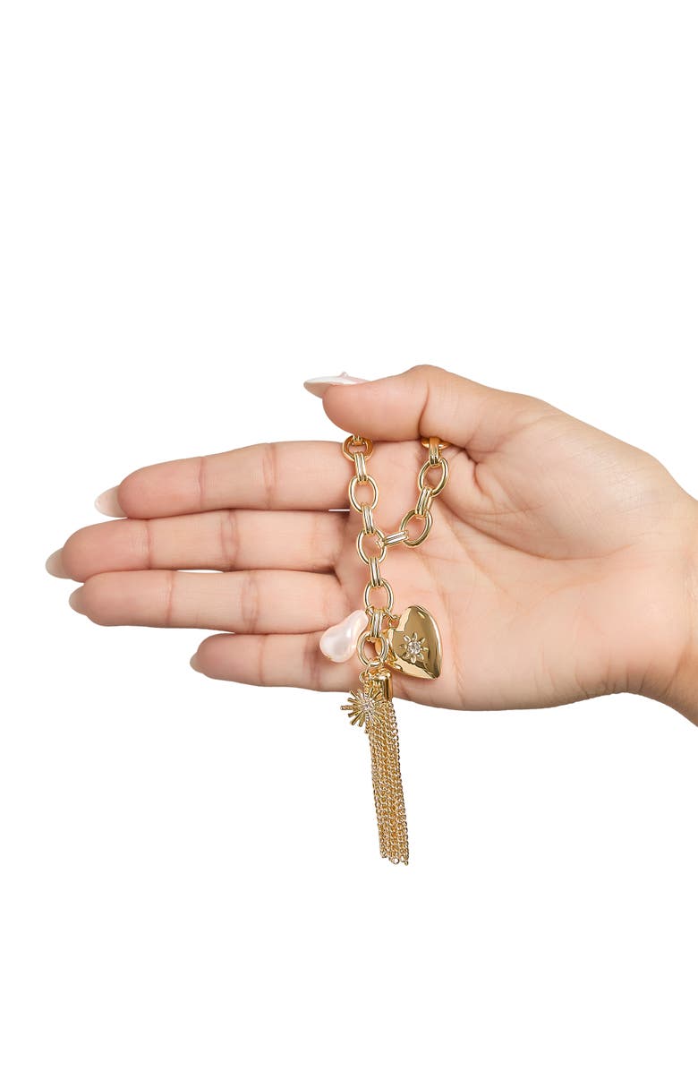 BCBG Generation Multi-Charm Tassel Hoop Earrings, Alternate, color, Gold