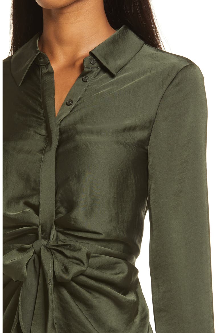 Tie Waist Long Sleeve Satin Shirtdress, Alternate, color, BOTTLE GREEN