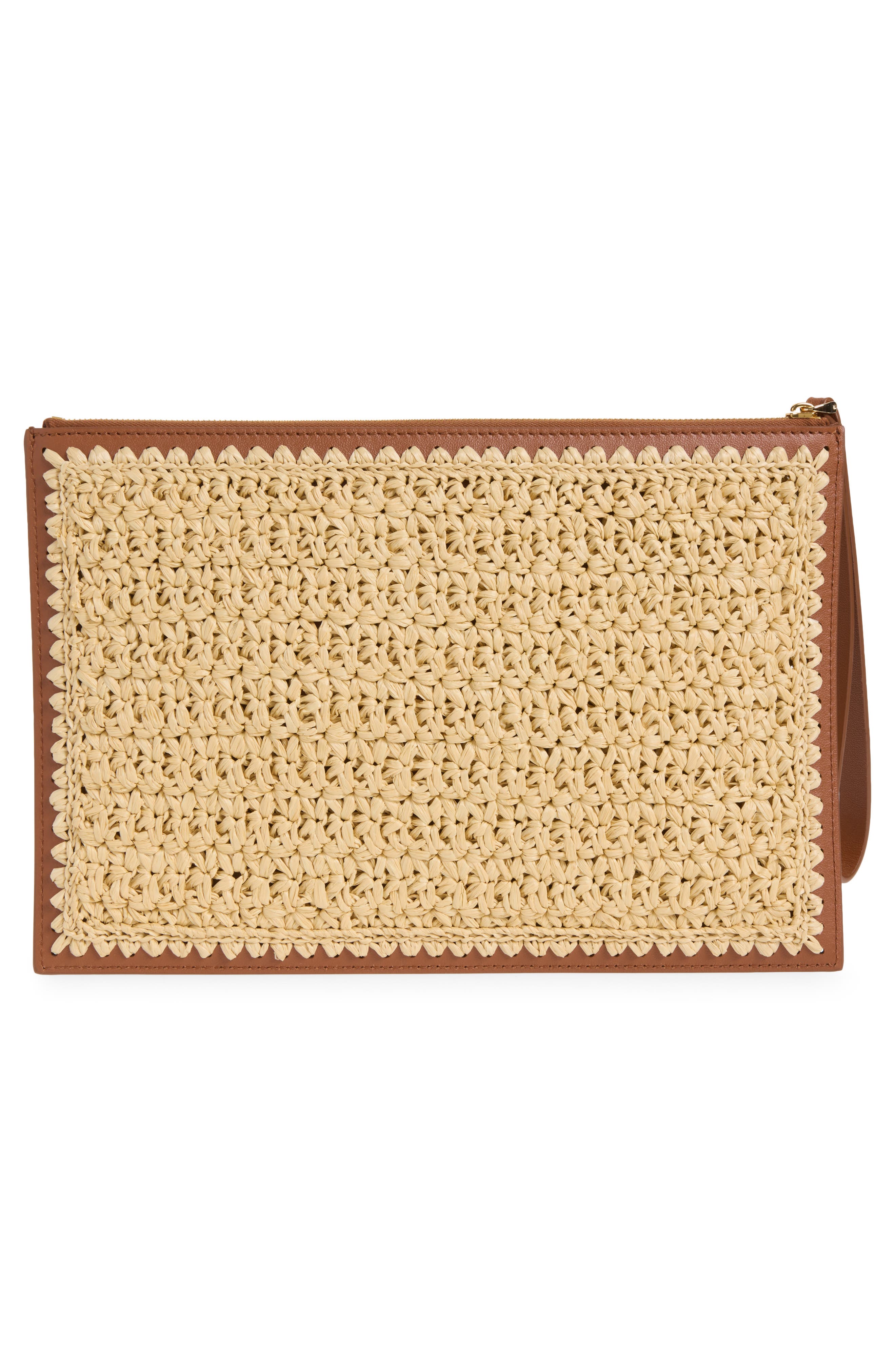 Large Crocheted Raffia Effect Flat Pouch Wristlet, Alternate, color, NATURAL