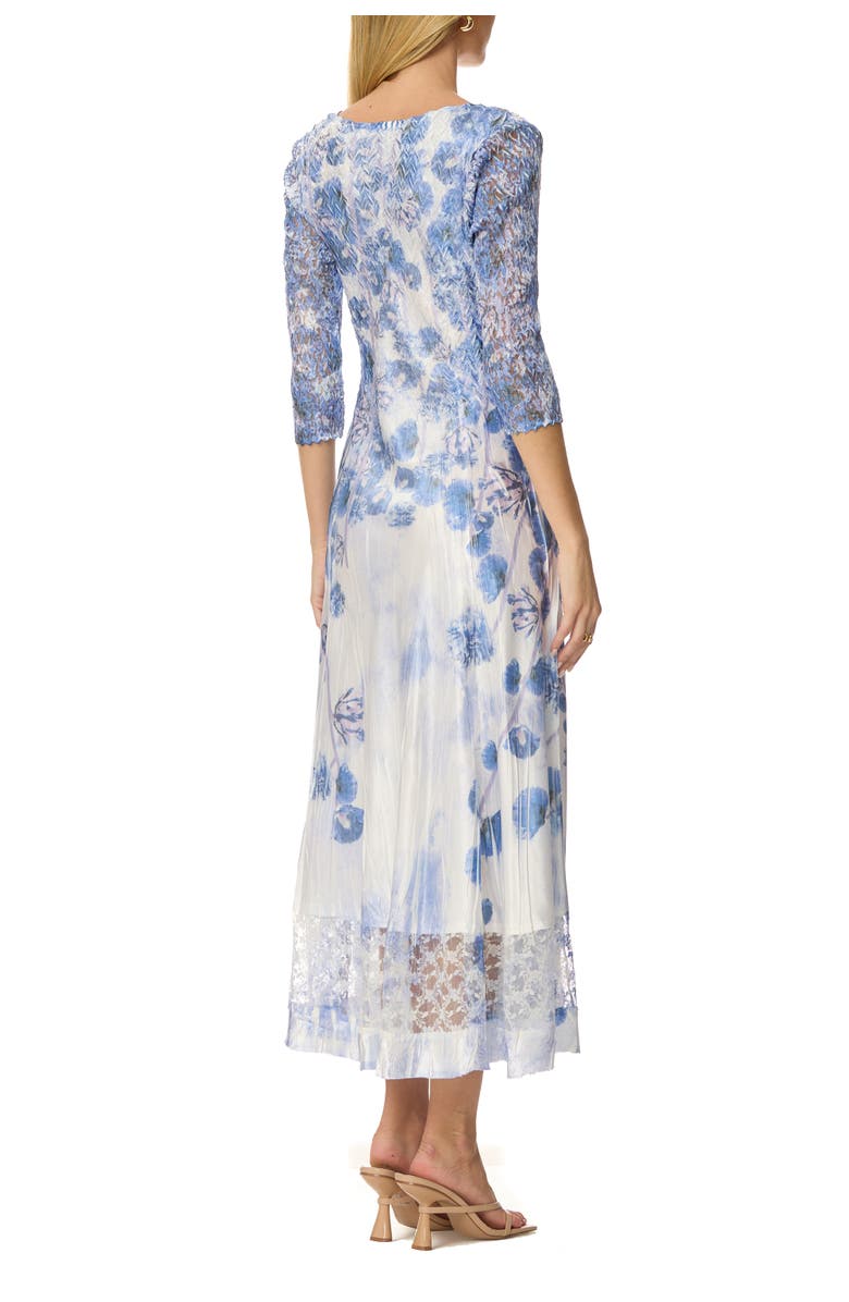 Komarov Border Print Charmuese Dress with Lace Sleeves, Alternate, color, Indigo Vine