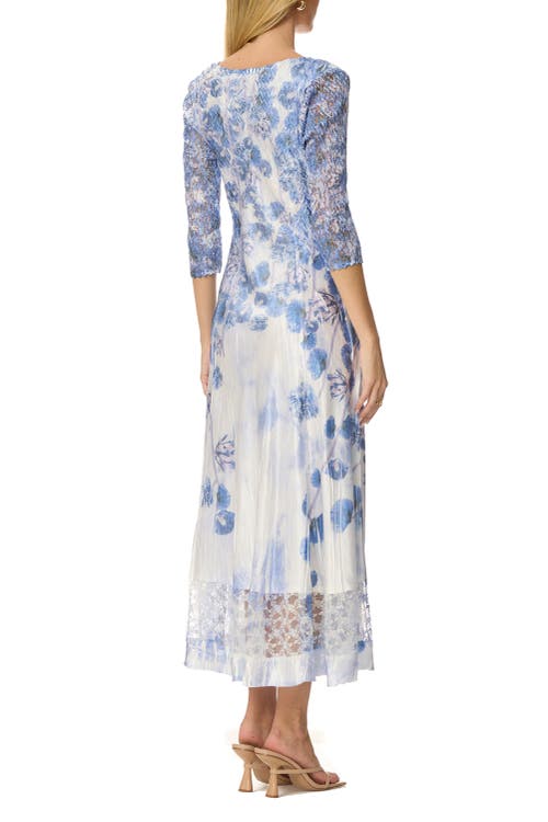 Komarov Border Print Charmuese Dress With Lace Sleeves In Blue