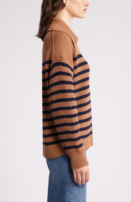 Nordstrom Stripe Long Sleeve Cotton Sweater In Tan- Navy Stripe