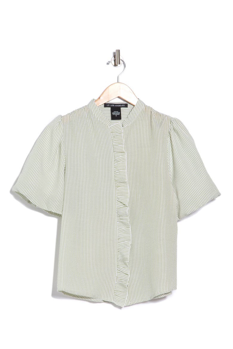 Striped Ruffle Bubble Sleeve Shirt, Main, color, SAGE/ WHITE