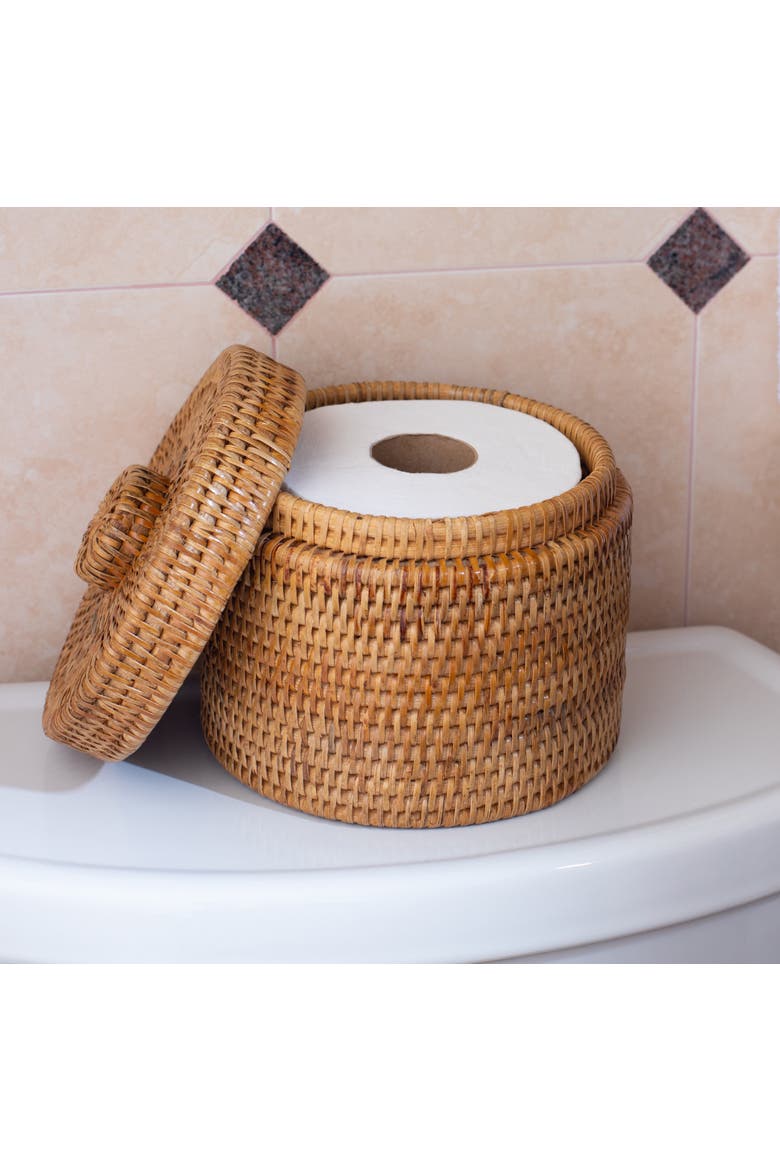 Artifacts Rattan Round Single Tissue Roll Box, Alternate, color, Honey Brown