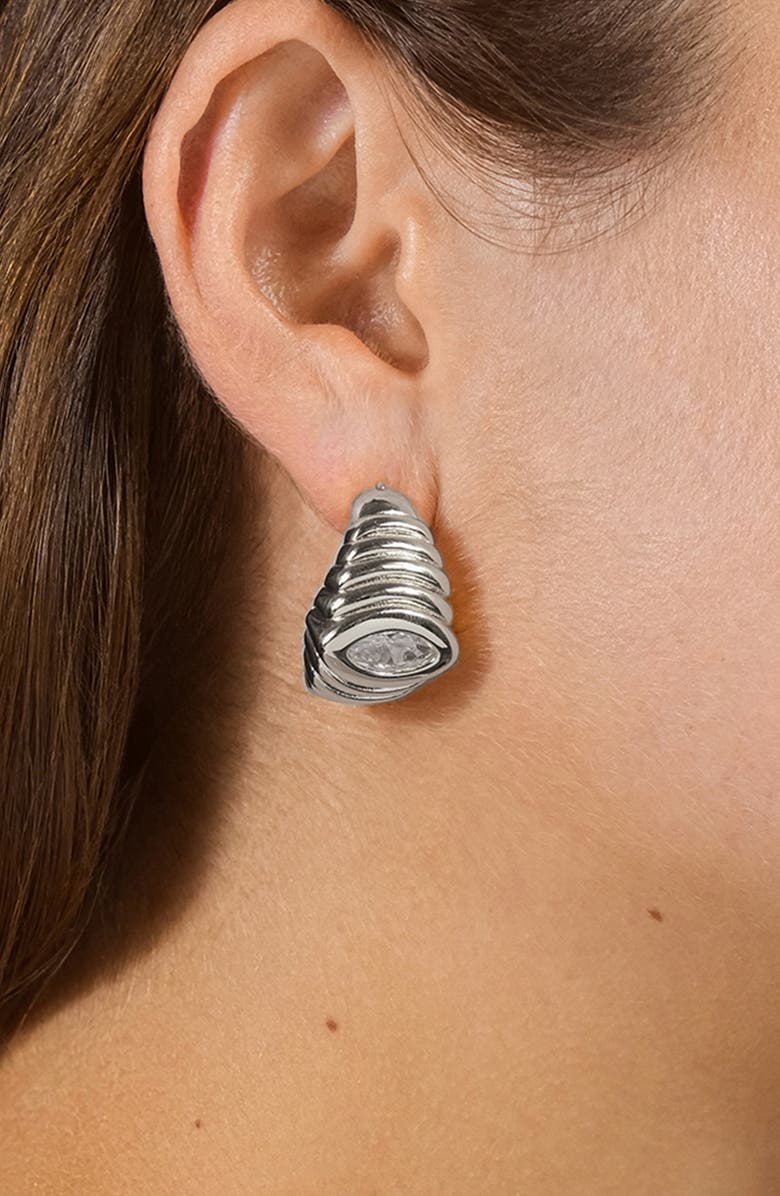 Sterling Forever Cubic Zirconia Croissant Hoop Earrings, Alternate, color, Silver