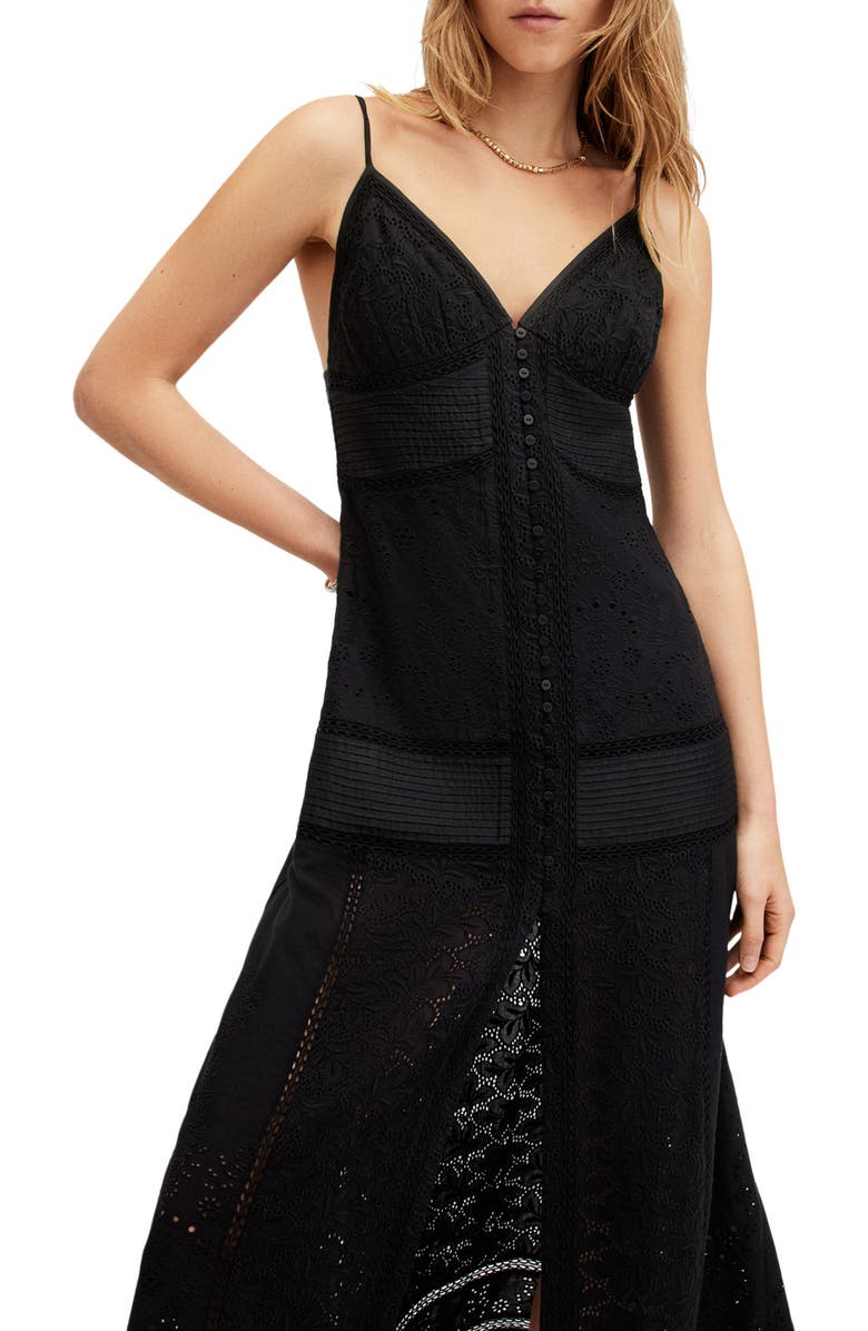 AllSaints Dahlia Embroidered Eyelet Maxi Dress, Alternate, color, Black